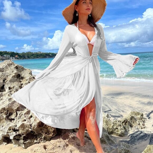 White Beachy Womens Lettuce Trim Ruffle Trim Flounce Sleeve Kimono - Picture 3 of 3